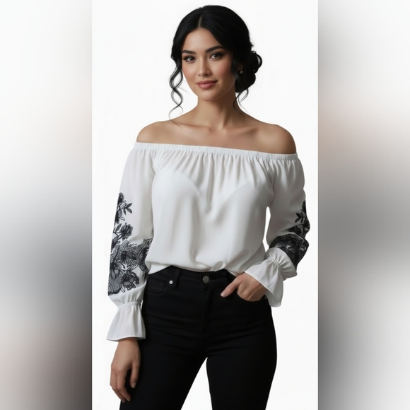 White House Black Market Tops - White House Black Market Off-Shoulder Top With Floral Embroidered Sleeves Size M